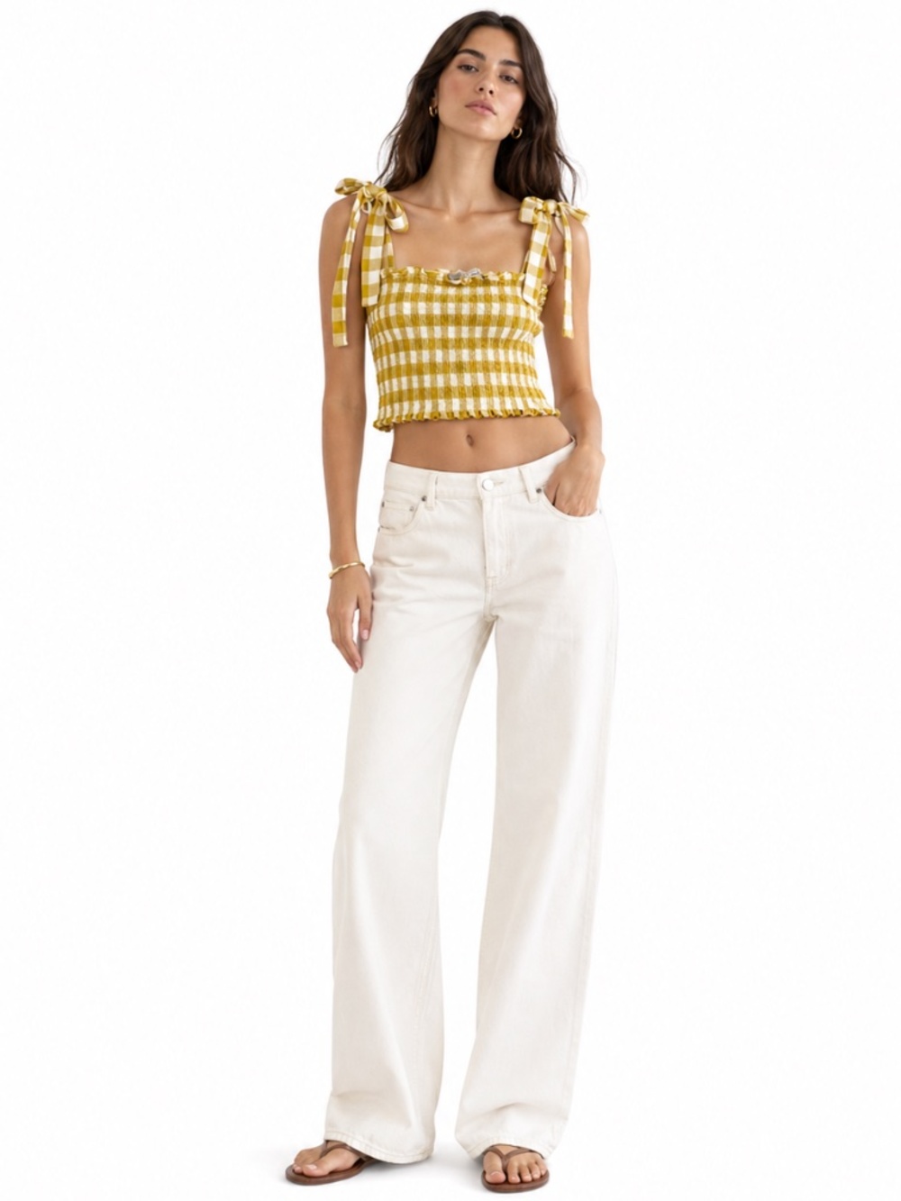 4/$20➡️ Twik Yellow & White Gingham Smocked Crop Top – Size XS EUC